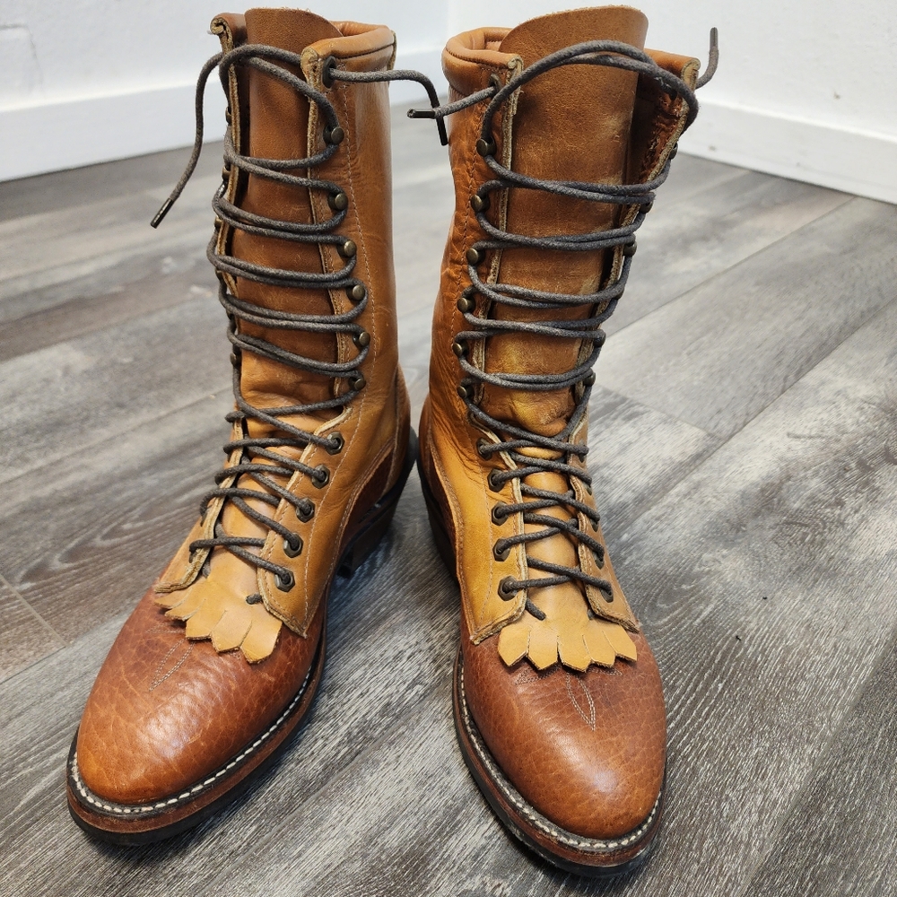 Vintage Tony Lama Mens Leather Lace 2-Tone Boots